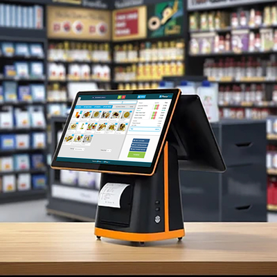 مانیتور POS AIO 15 اینچی با صفحه نمایش لمسی دوگانه برای عملیات صندوقداری، مناسب برای عملیات خرده فروشی